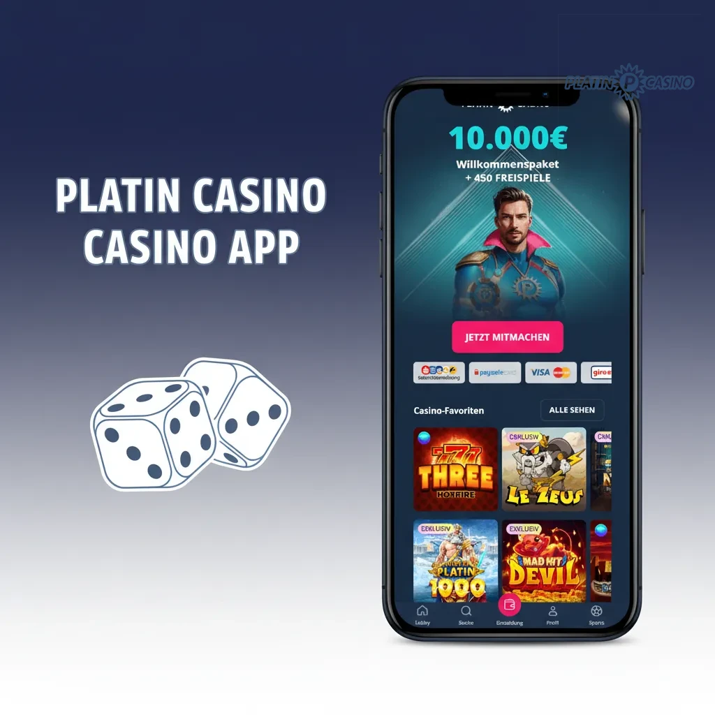 Platin Casino App: Casino-Bereich mit Slots, Live-Roulette/Blackjack, Sport–Casino-Wechsel, Boni direkt in der Kasse.