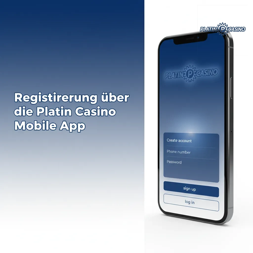 Smartphone zeigt Platin Casino App mit Registrierungsbildschirm: E‑Mail, Telefon, Social Login und Verifizierung.