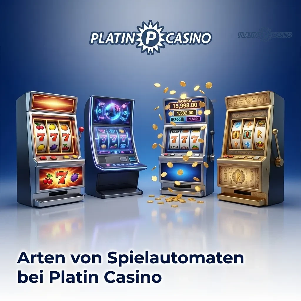 Various slot machine types at Platin Casino including classic, video, Megaways, jackpot, and cluster pays slots