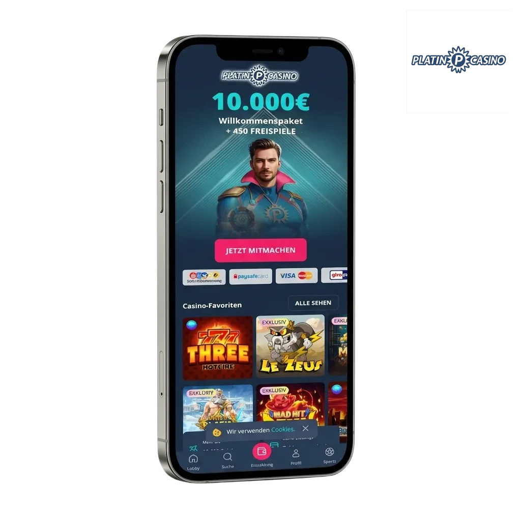 Platin Casino mobile app download screen showing payment options and welcome bonus of €2,000 plus 200 free spins
