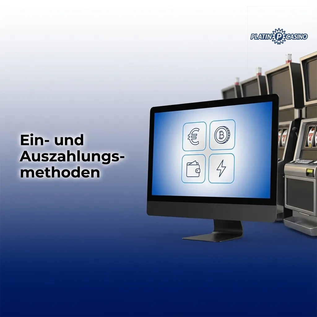 Verschiedene Zahlungsmethoden-Icons inklusive Kreditkarten, E-Wallets und Kryptowährungen für Ein- und Auszahlungen