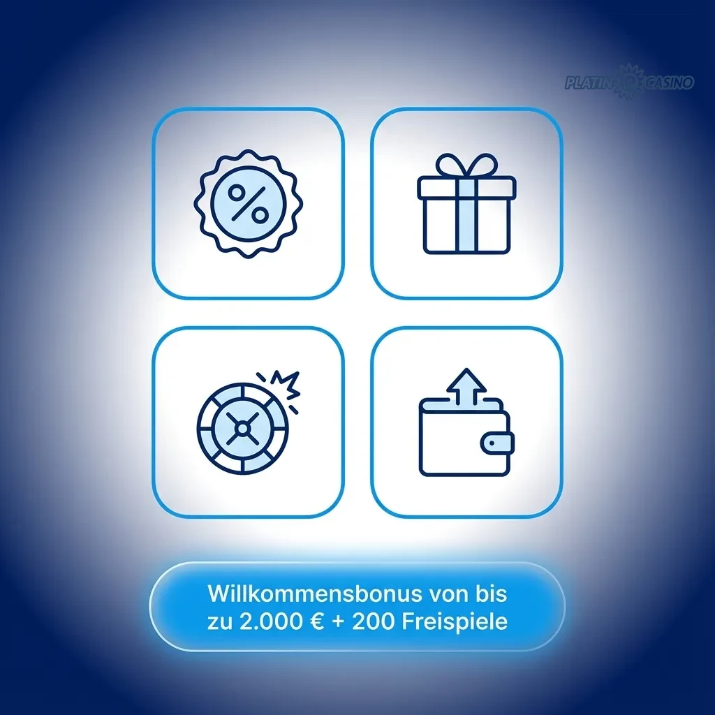 Casino welcome bonus package offering up to €2,000 and 200 free spins across four deposits for new German players.