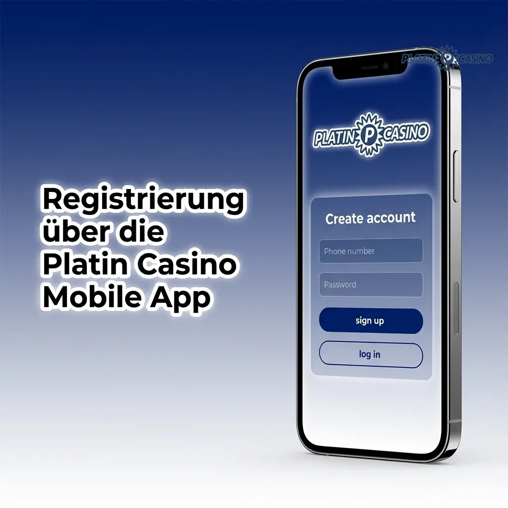 Smartphone displaying Platin Casino mobile app registration screen with login form and biometric authentication options