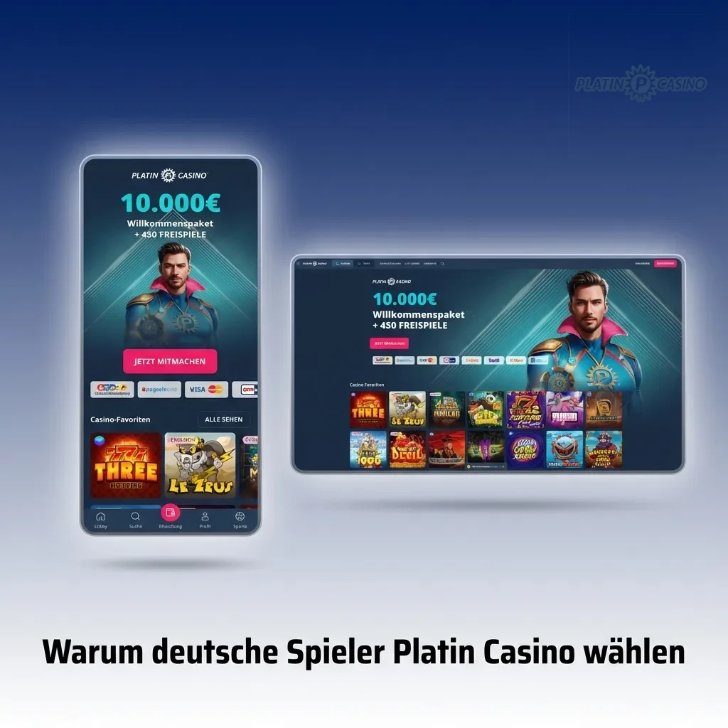 Platin Casino interface showing German language options, secure payment methods, and diverse game selection for players